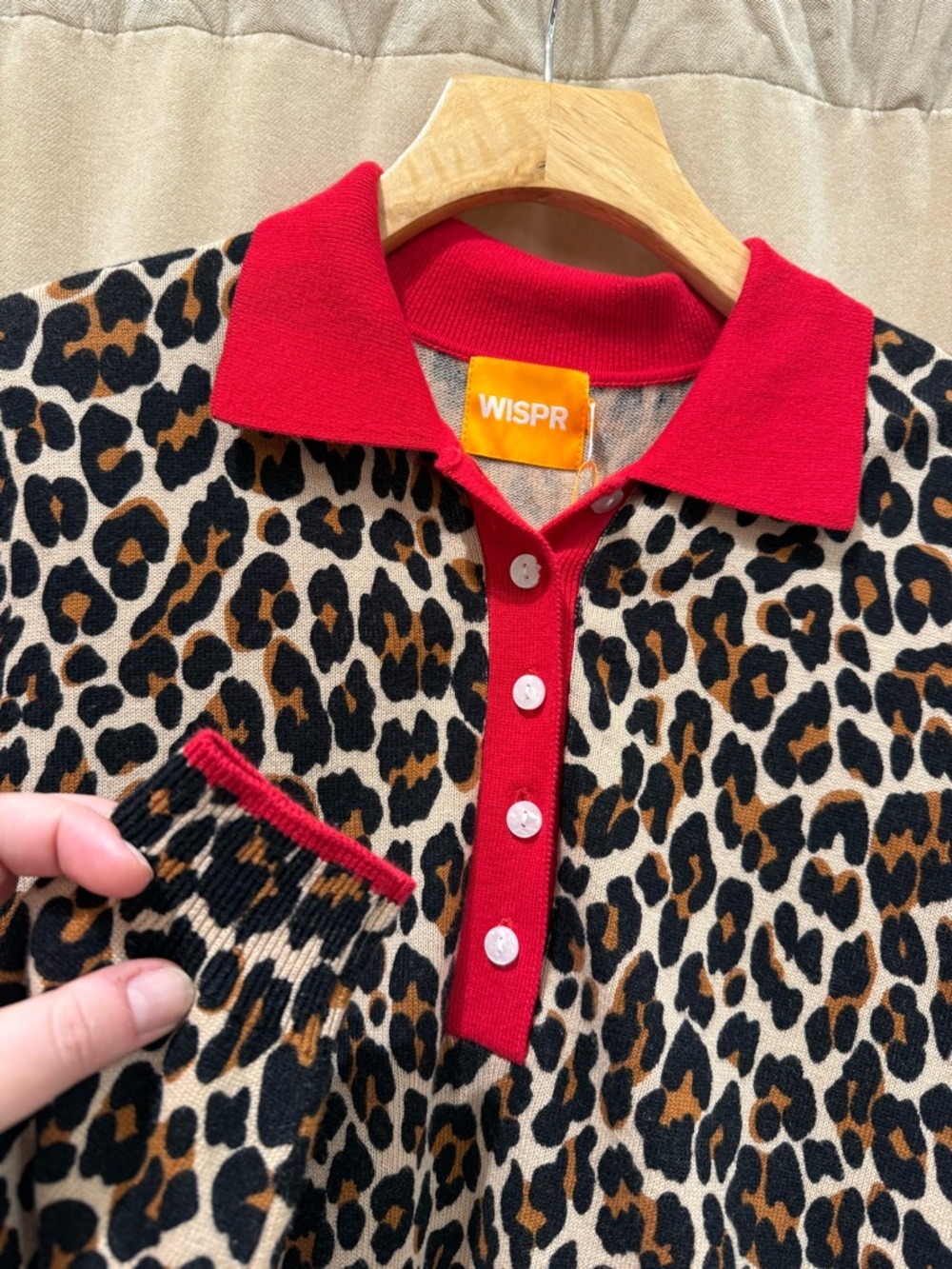 Leopard Print Polo Sweater with Red Trim - Picture 6 of 11
